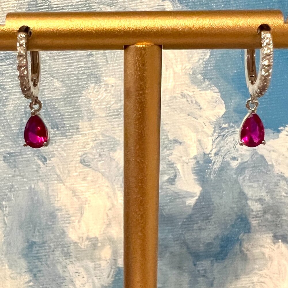 Lab Ruby Drop, Sterling Silver and CZ Huggie Hoops - stamped .925 - Picture 3 of 8